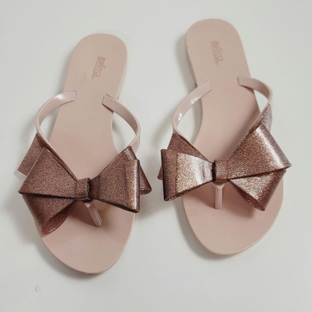 Melissa Harmonic Bow III Thong Sandals in Rose Gold Pink, sz 8.5